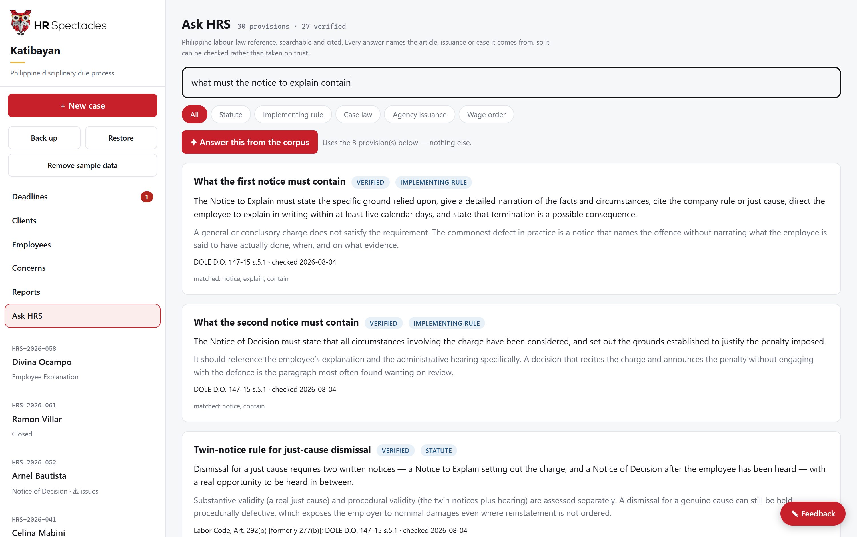 Ask HRS returning cited labour-law provisions with verification badges