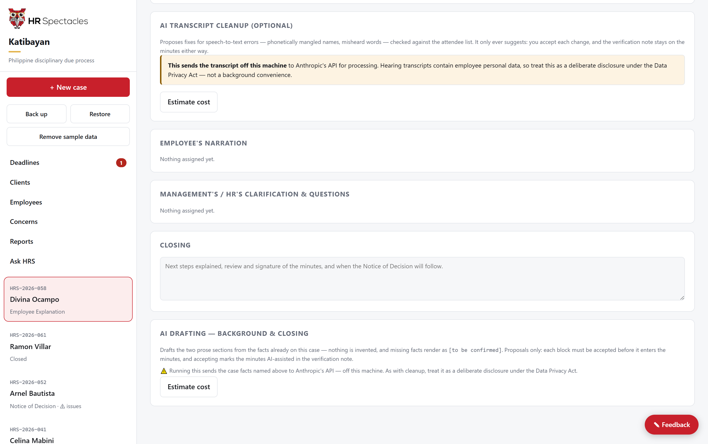 AI transcript cleanup panel showing the privacy notice and cost gate