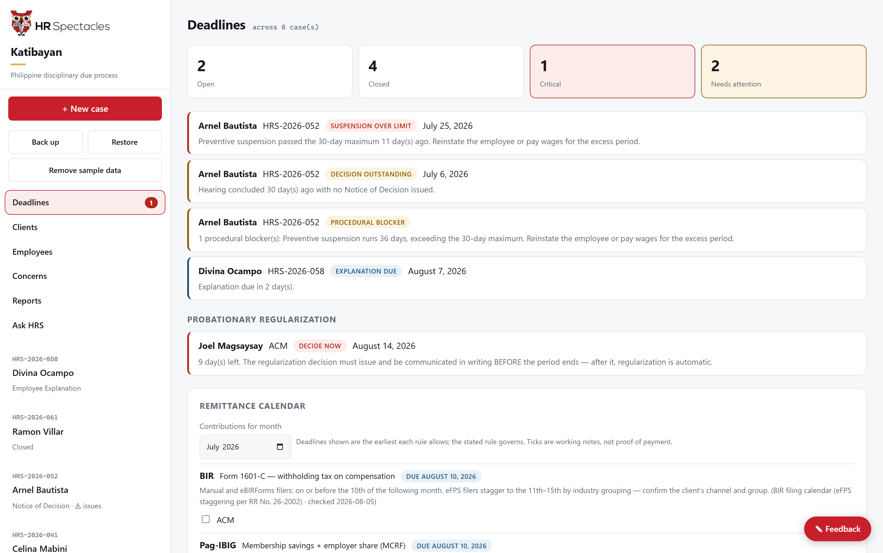 Deadline dashboard across the caseload
