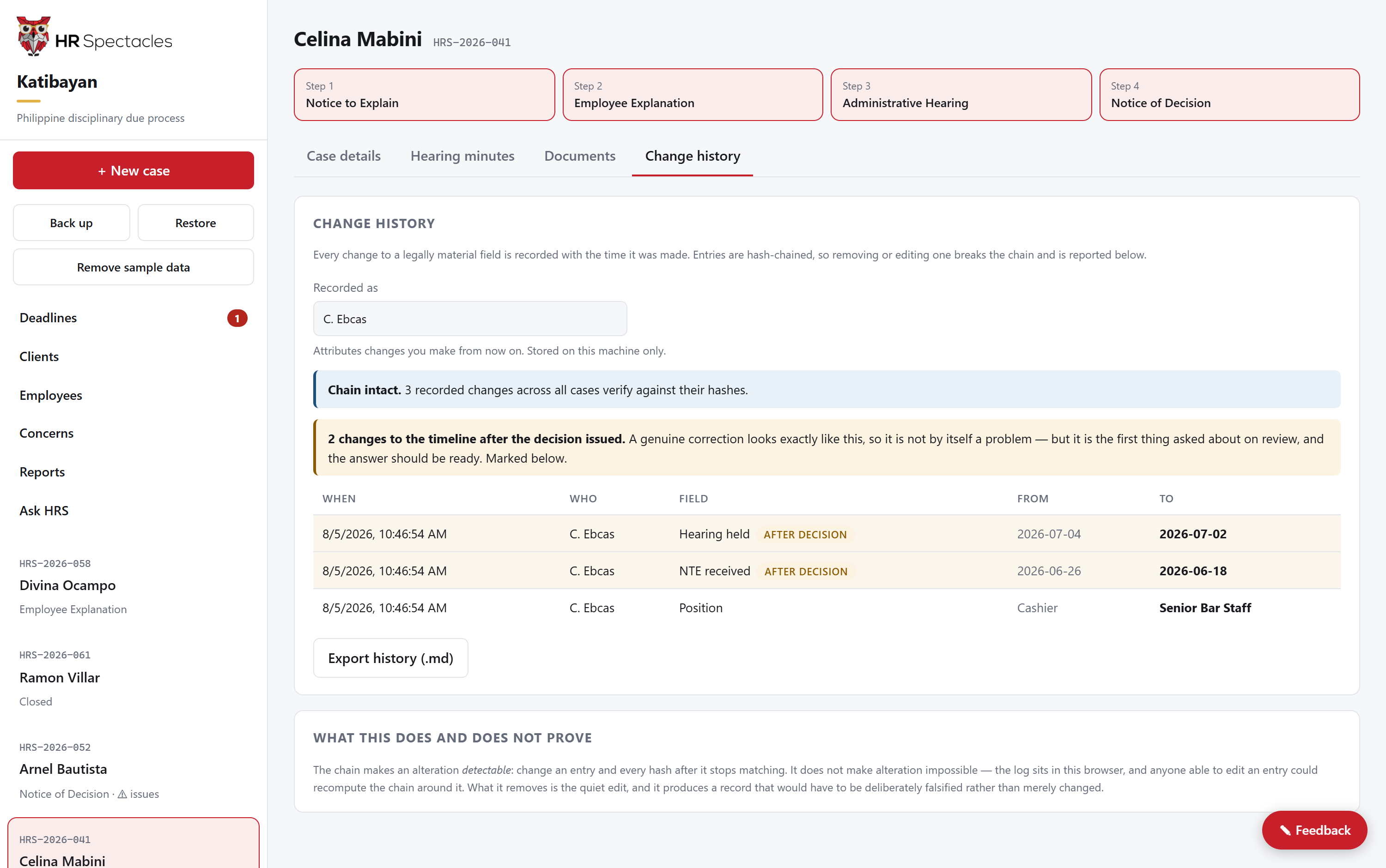 Change history showing hash-chained edits, two flagged as after the decision