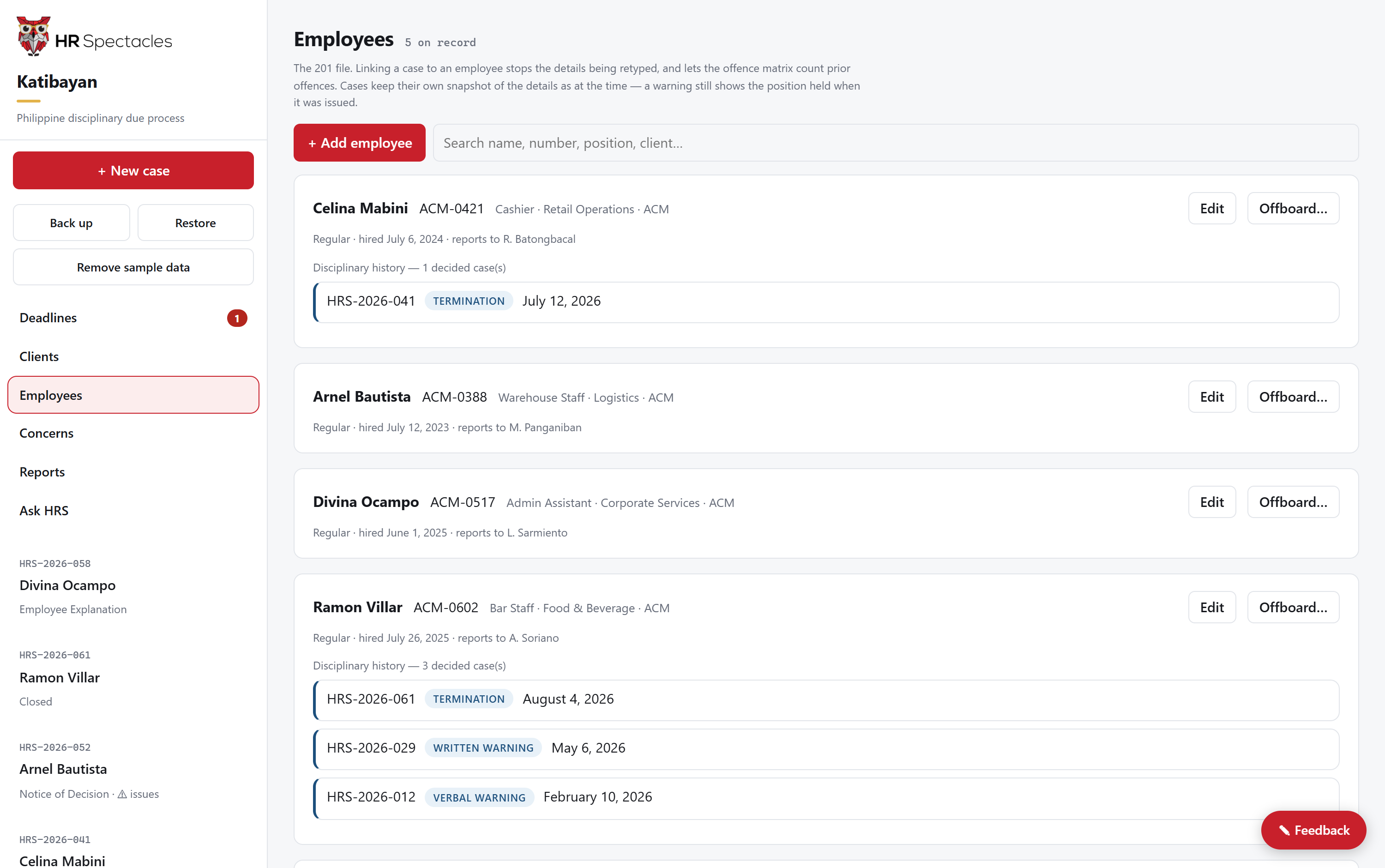 Employee 201 registry with disciplinary history