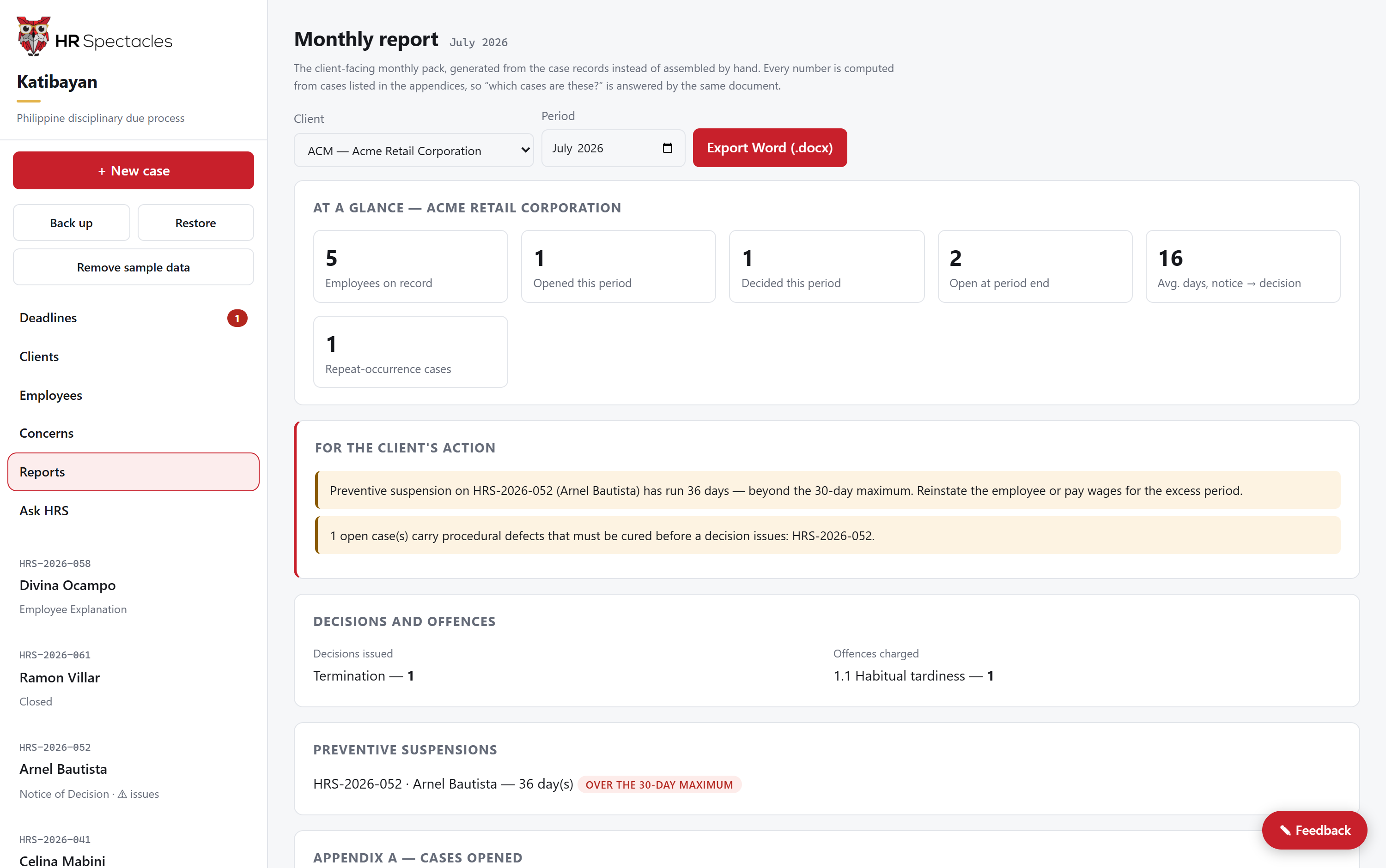 Monthly HR report for a client with action items and an over-limit suspension flagged